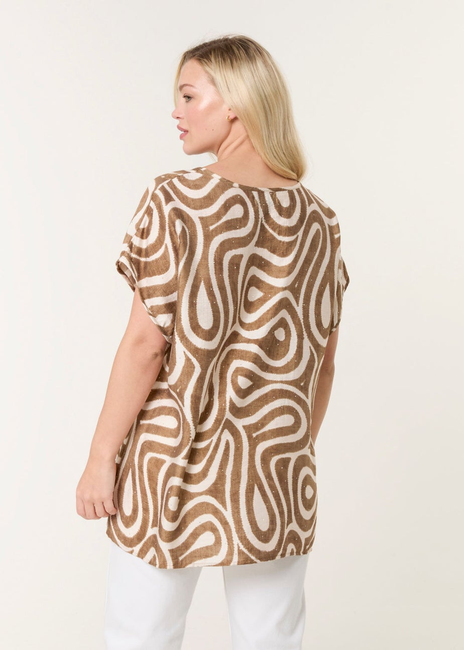 Blue Vanilla Beige Round Neck Top With Abstract Print