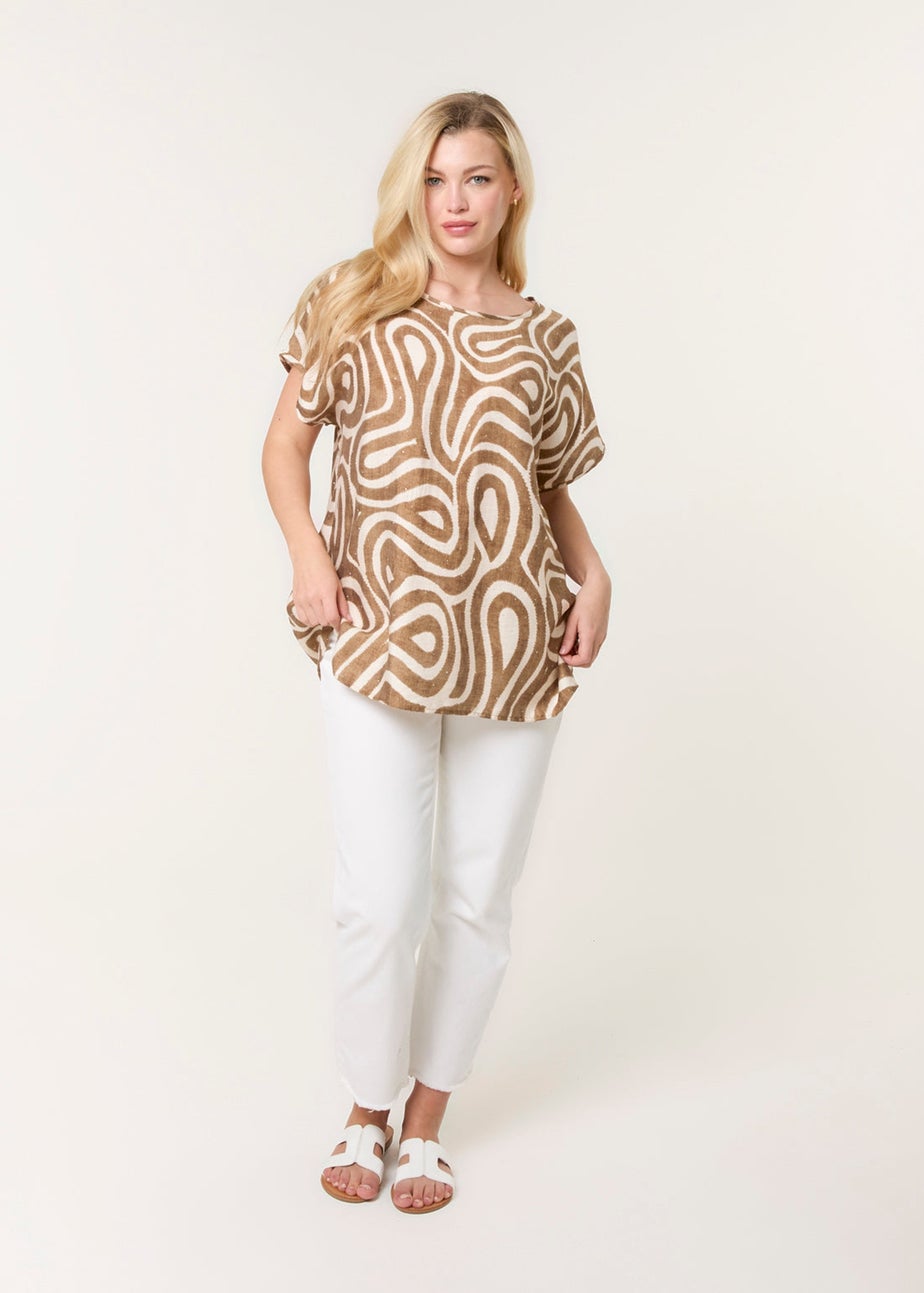 Blue Vanilla Beige Round Neck Top With Abstract Print