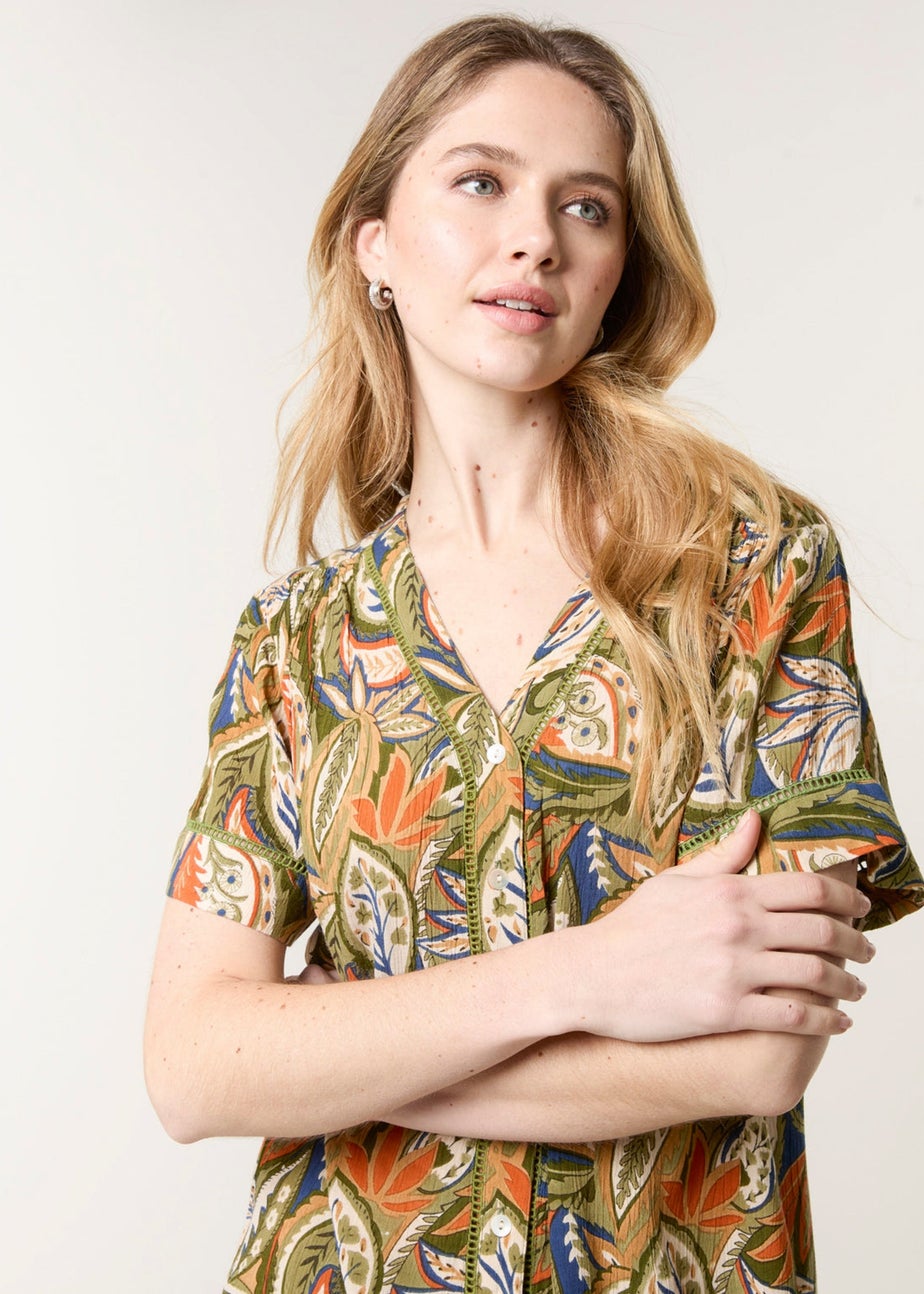 Blue Vanilla Green Border Print Button Front Top