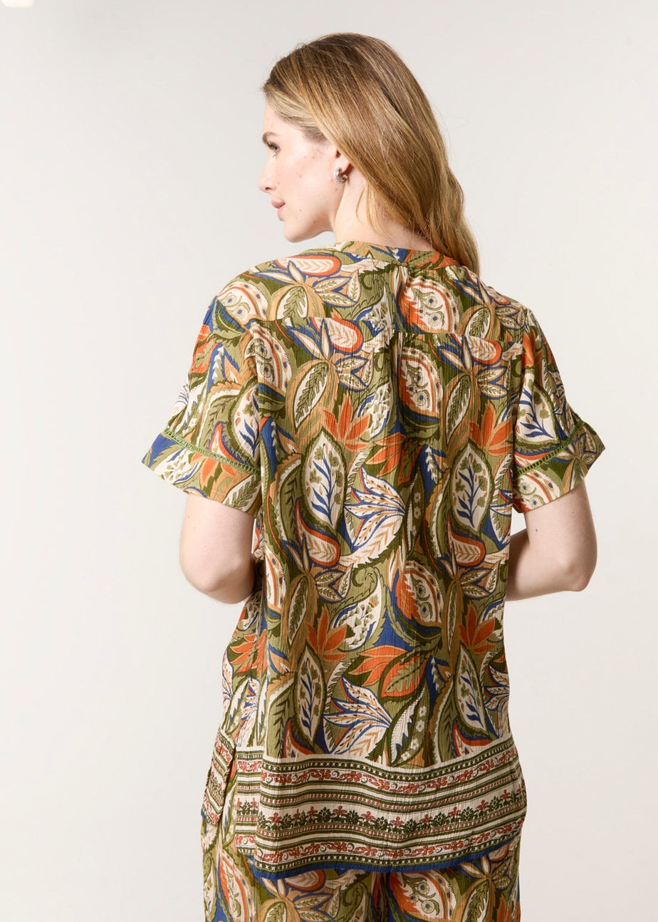 Blue Vanilla Green Border Print Button Front Top