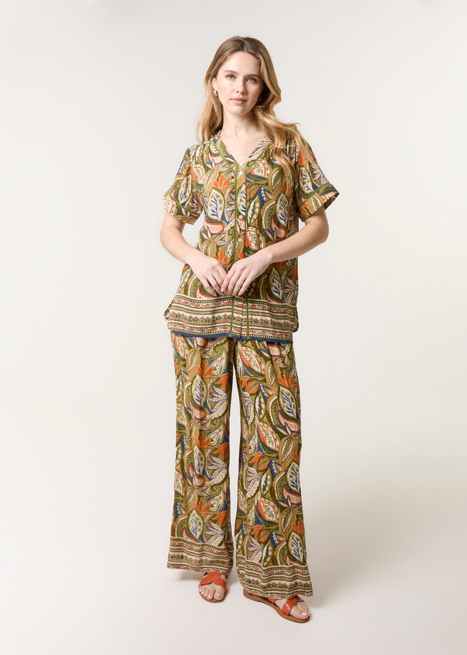 Blue Vanilla Green Border Print Button Front Top