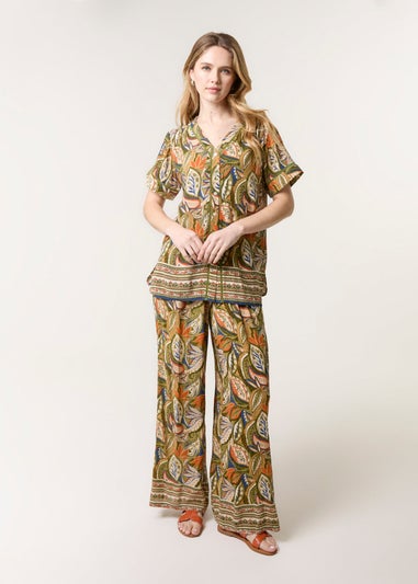 Blue Vanilla Green Border Print Button Front Top