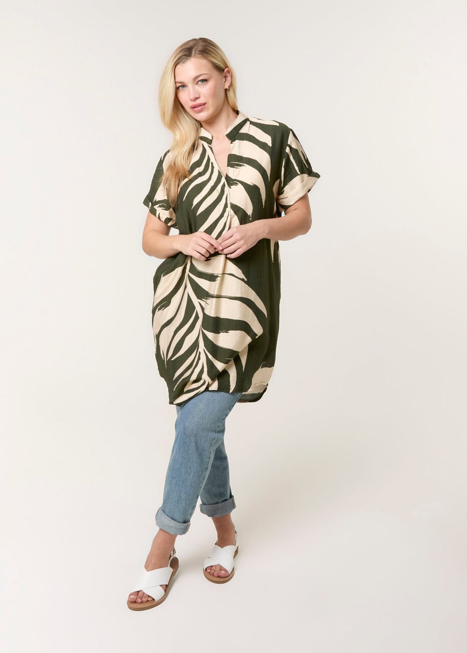 Blue Vanilla Khaki Palm Print Tunic Top