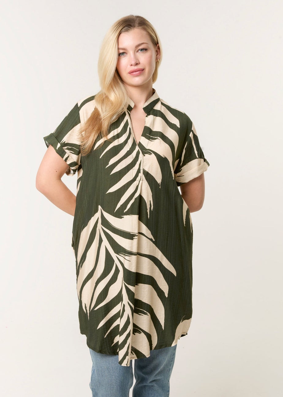Blue Vanilla Khaki Palm Print Tunic Top