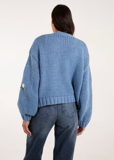 Blue Vanilla Blue Flower Embroidery Detailed Cardigan