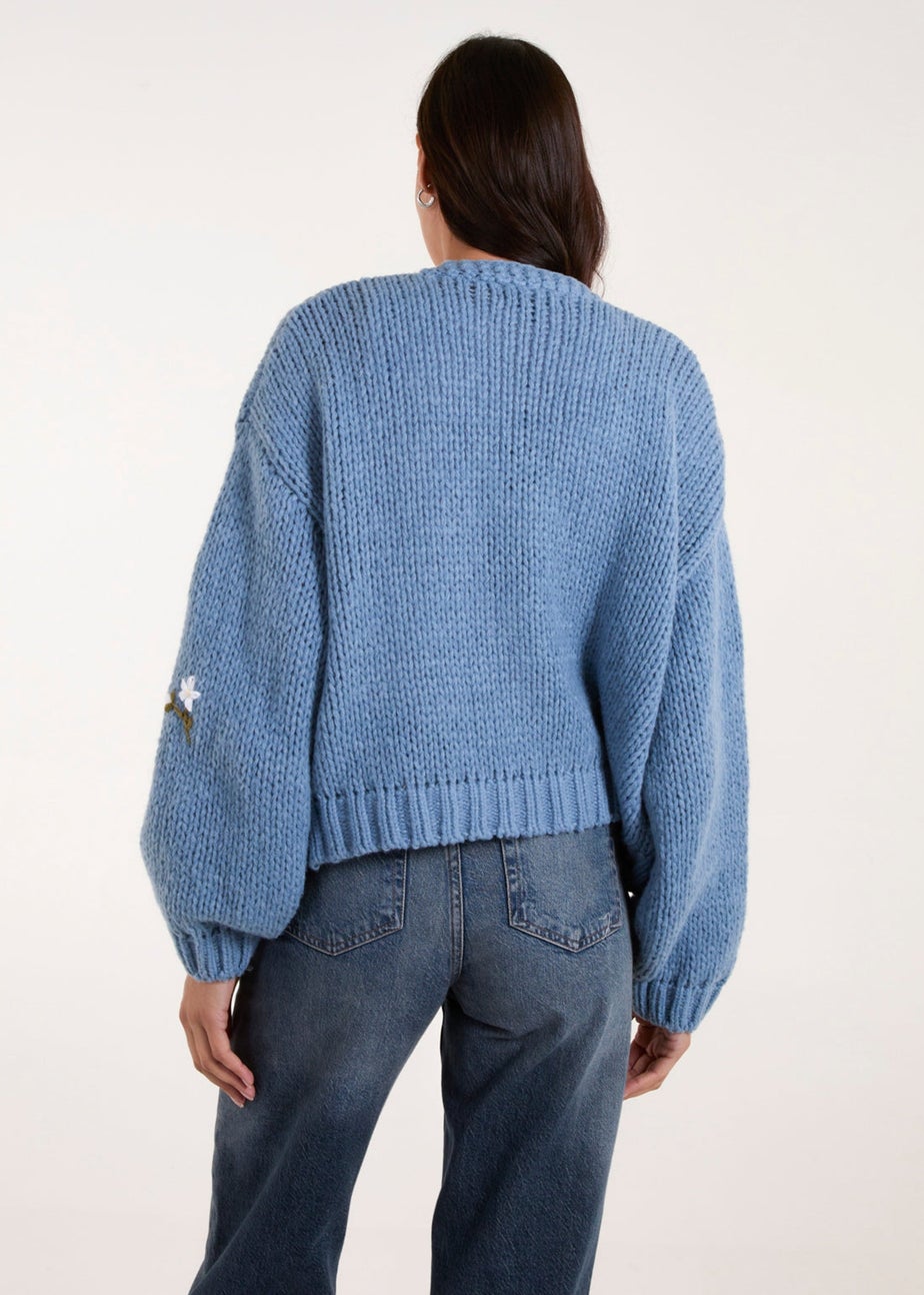 Blue Vanilla Blue Flower Embroidery Detailed Cardigan