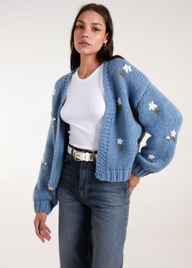 Blue Vanilla Blue Flower Embroidery Detailed Cardigan