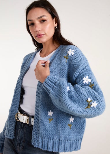 Blue Vanilla Blue Flower Embroidery Detailed Cardigan