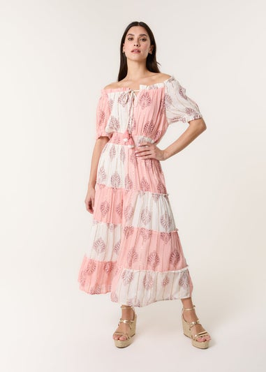 Blue Vanilla Pink Foil Print Amber Tiered Midi Dress