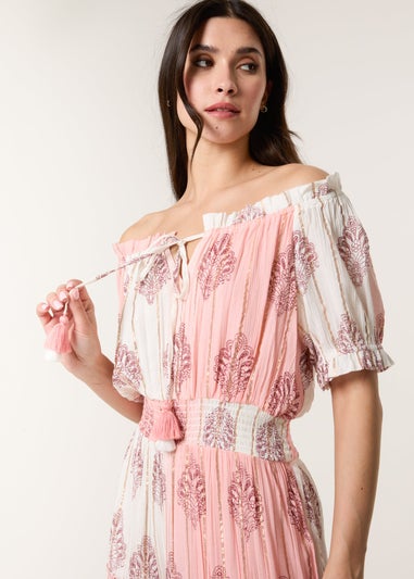 Blue Vanilla Pink Foil Print Amber Tiered Midi Dress