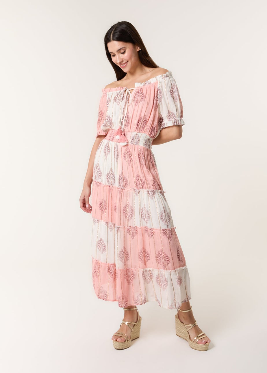 Blue Vanilla Pink Foil Print Amber Tiered Midi Dress