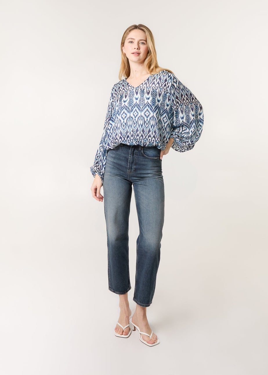 Blue Vanilla Navy Abstract Printed V Neck Puffball Top