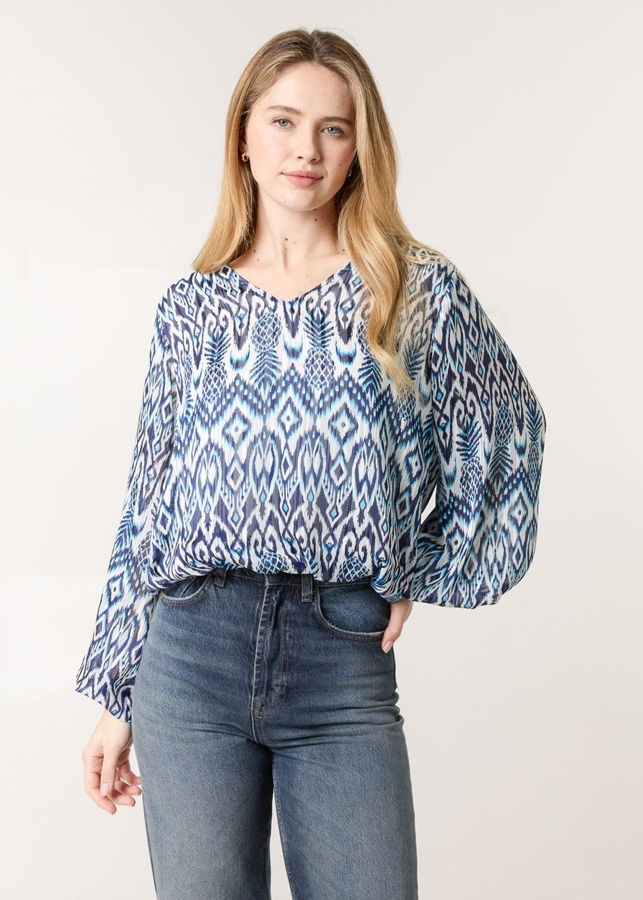 Blue Vanilla Navy Abstract Printed V Neck Puffball Top