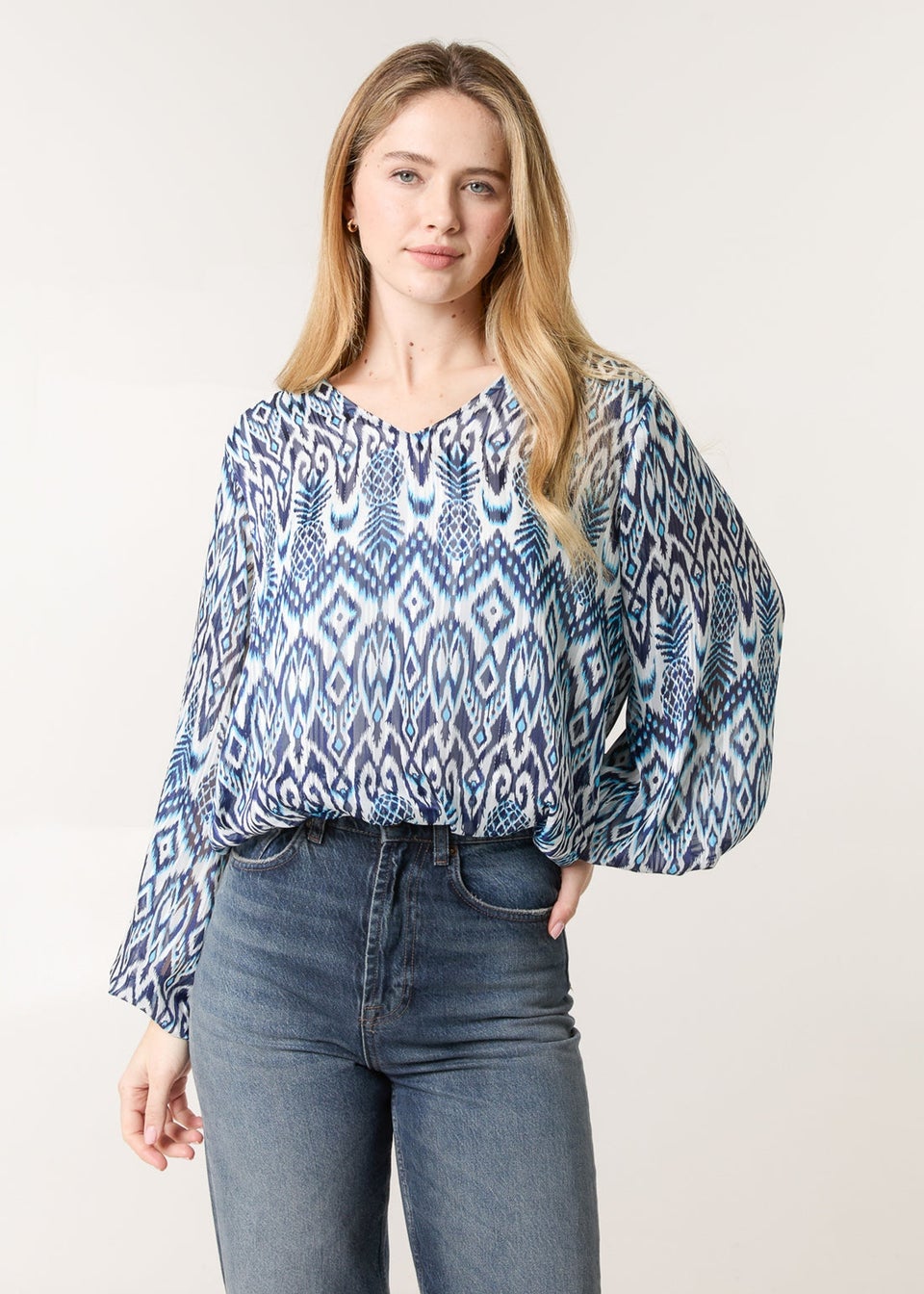 Blue Vanilla Navy Abstract Printed V Neck Puffball Top