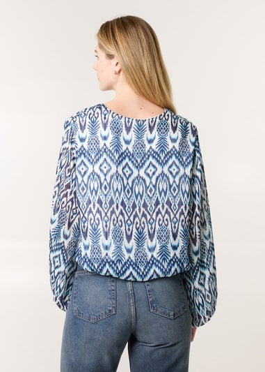 Blue Vanilla Navy Abstract Printed V Neck Puffball Top