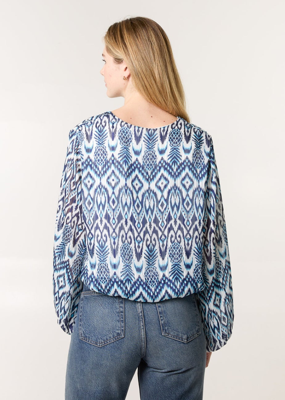 Blue Vanilla Navy Abstract Printed V Neck Puffball Top