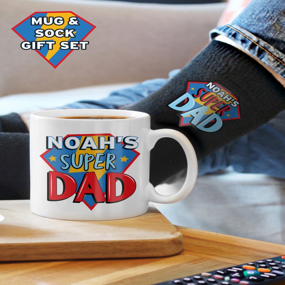 Personalised Memento Company White Super Dad Mug & Socks Set