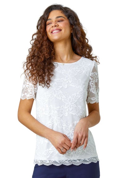 Roman Ivory Floral Stretch Lace Top
