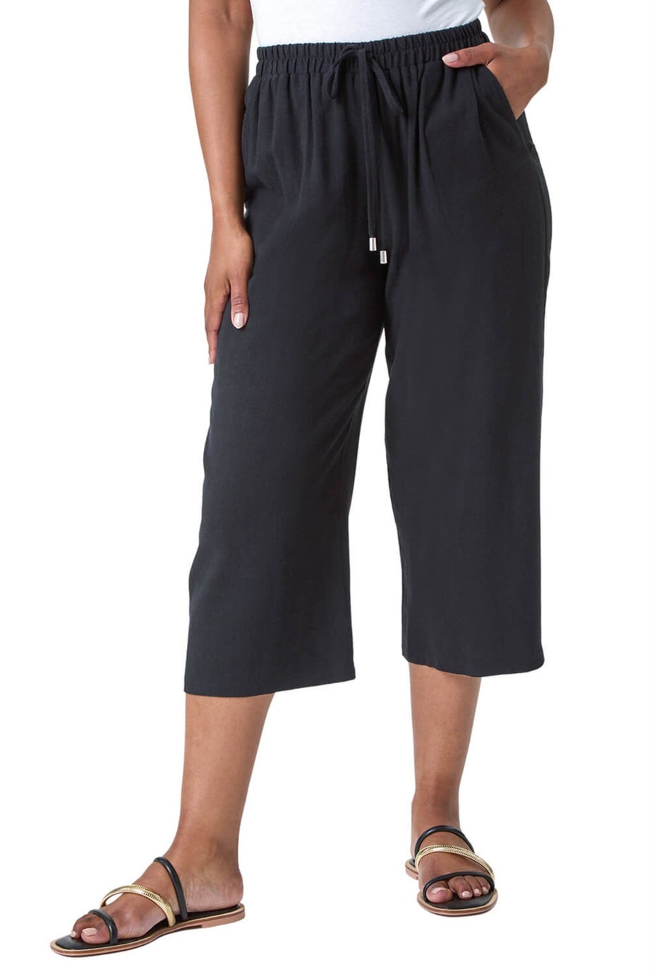 Roman Black Petite Linen Mix Wide Cropped Trousers