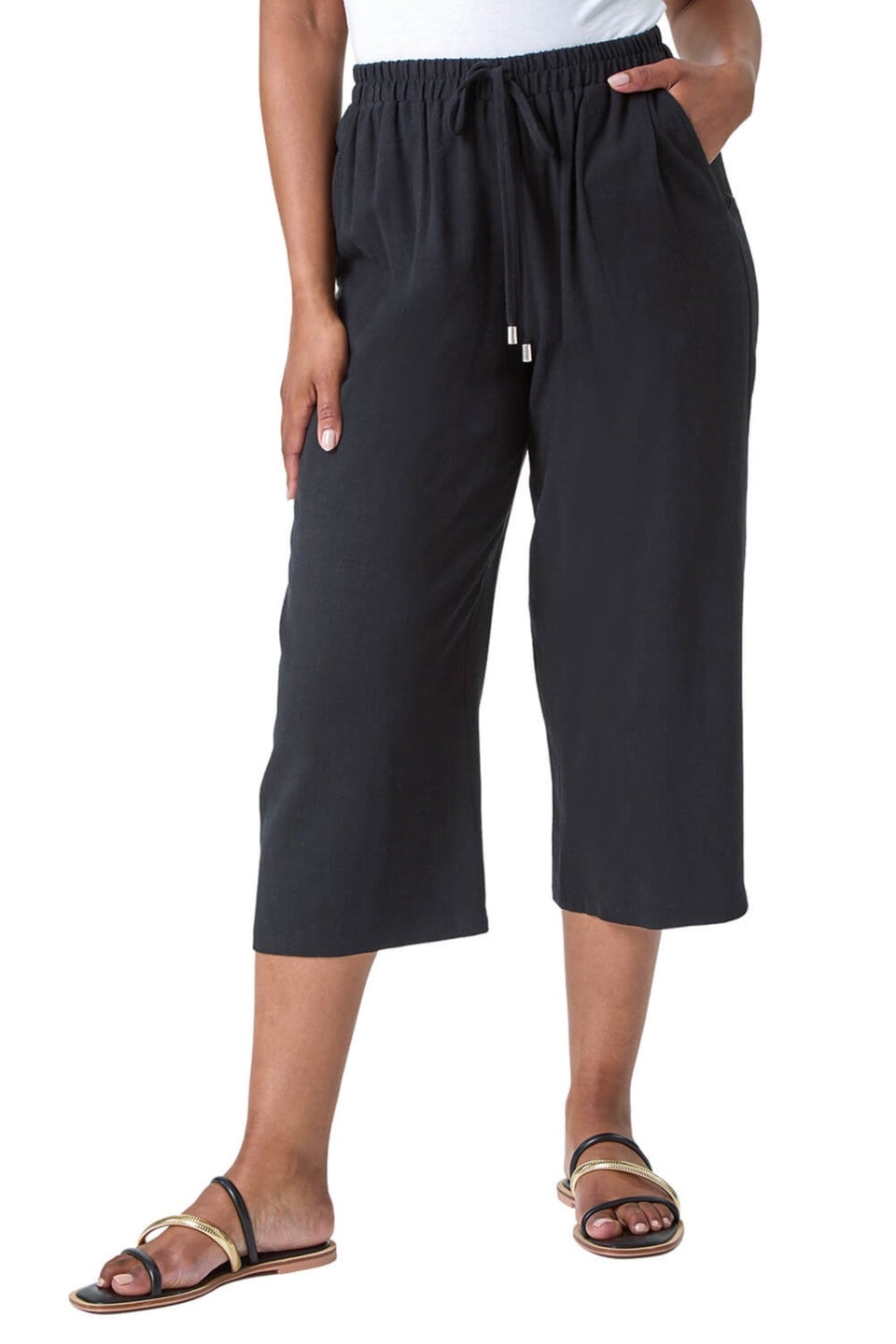 Roman Black Petite Linen Mix Wide Cropped Trousers