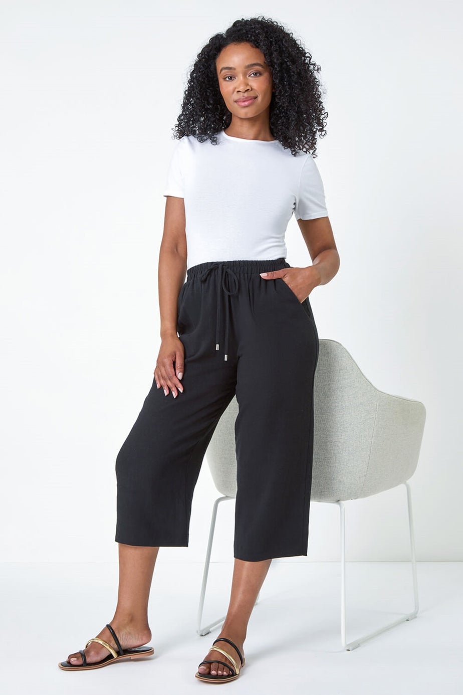 Roman Black Petite Linen Mix Wide Cropped Trousers