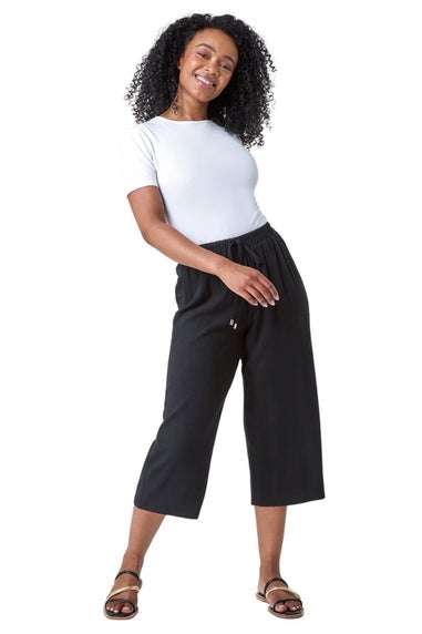 Roman Black Petite Linen Mix Wide Cropped Trousers