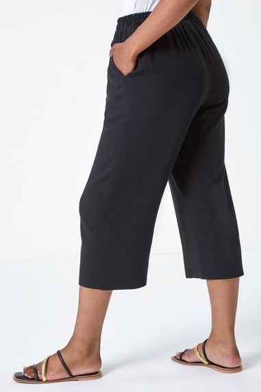Roman Black Petite Linen Mix Wide Cropped Trousers
