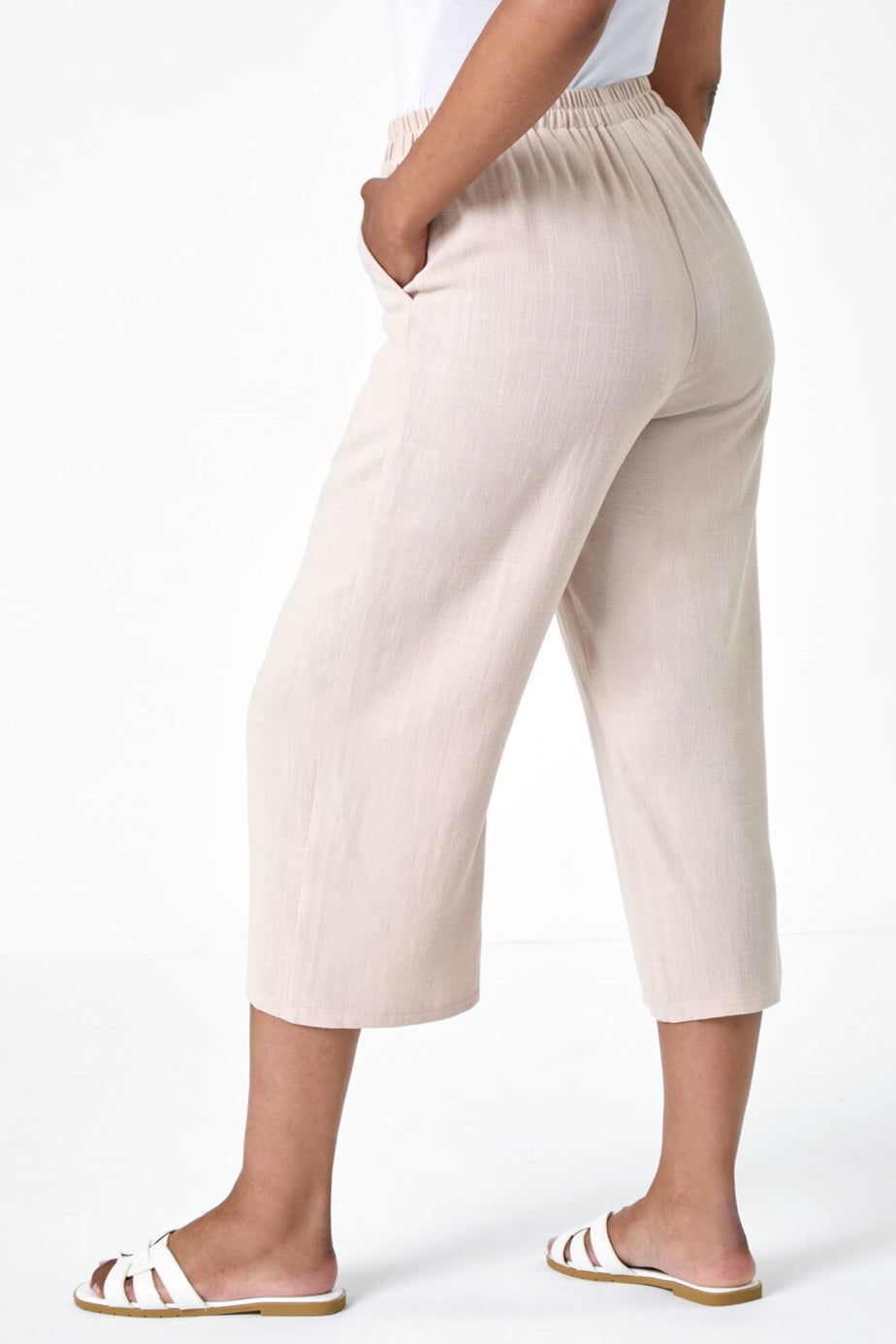 Roman Stone Petite Linen Mix Wide Cropped Trousers