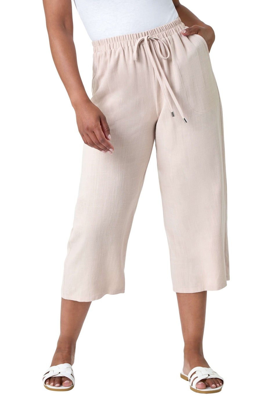 Roman Stone Petite Linen Mix Wide Cropped Trousers