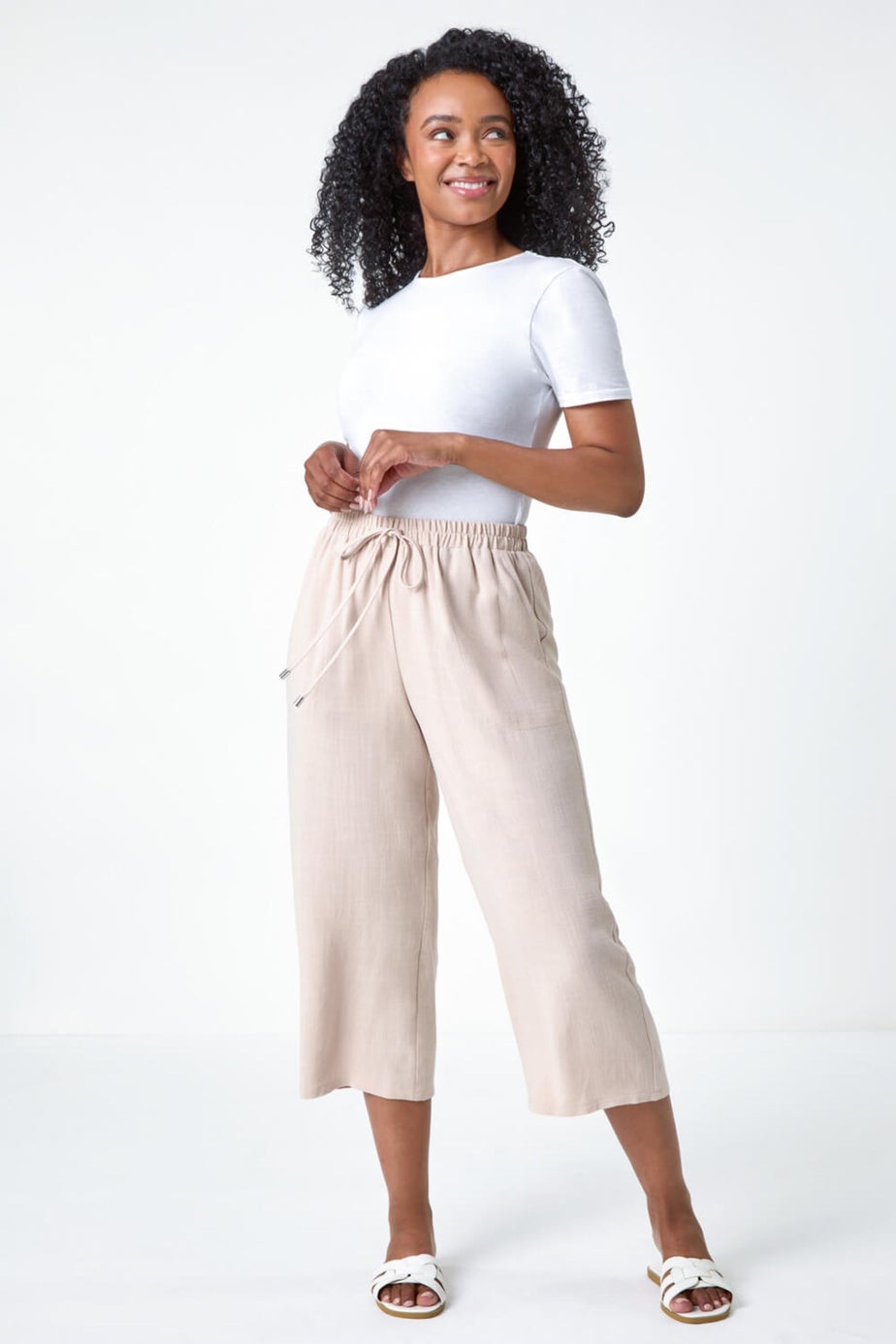 Roman Stone Petite Linen Mix Wide Cropped Trousers