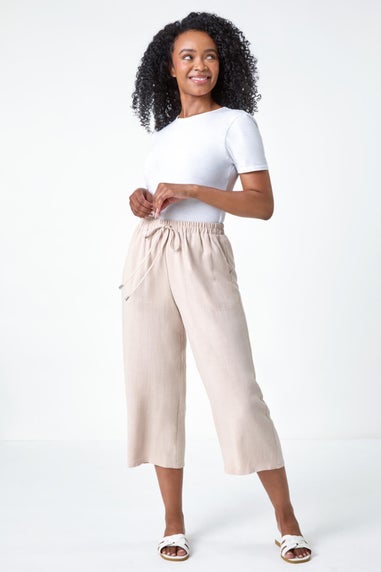 Roman Stone Petite Linen Mix Wide Cropped Trousers