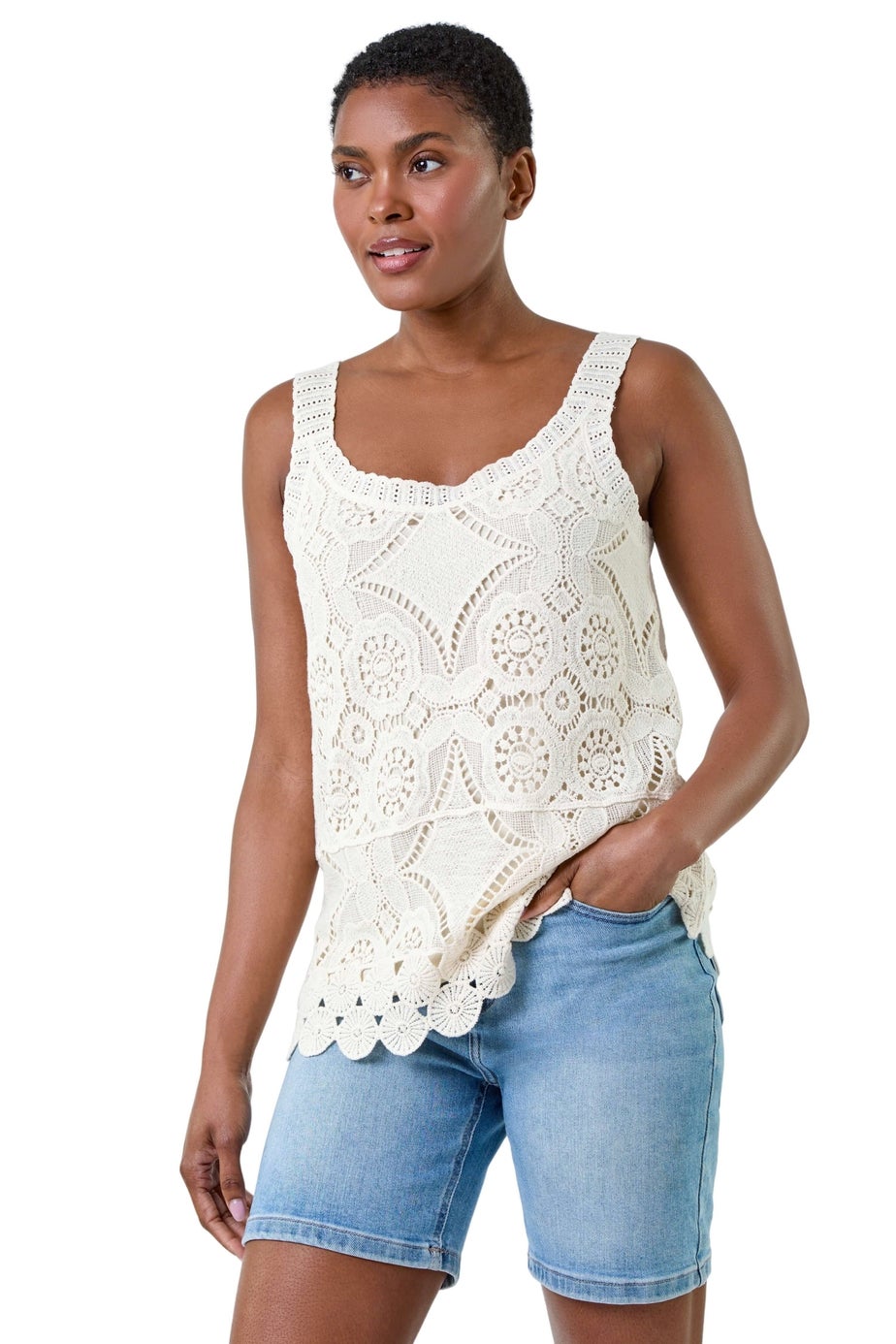 Roman Natural Cotton Crochet Knit Vest Top