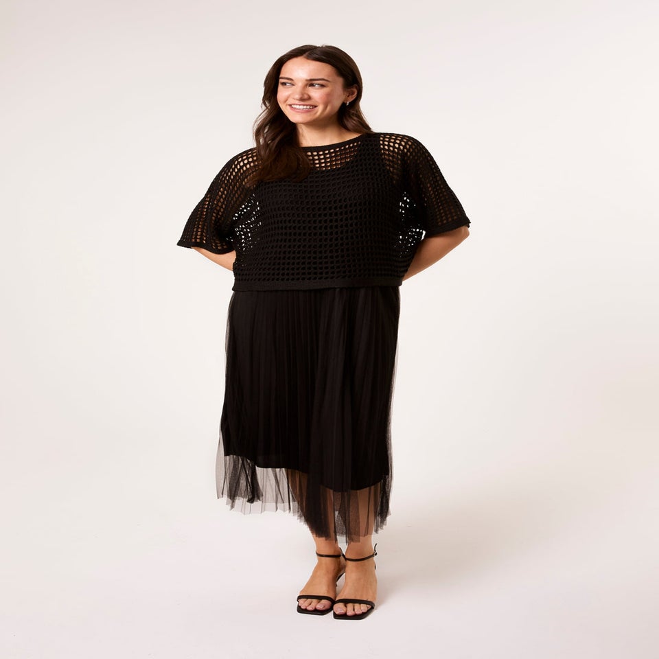 Blue Vanilla Black Crochet Top Pleat Dress