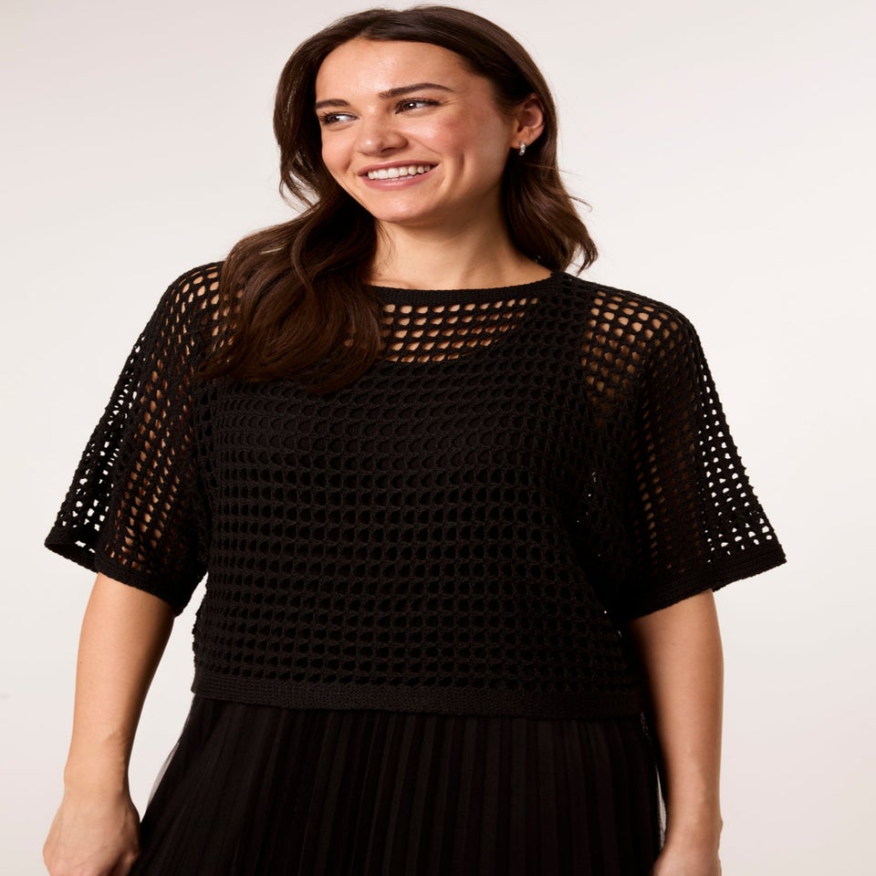 Blue Vanilla Black Crochet Top Pleat Dress