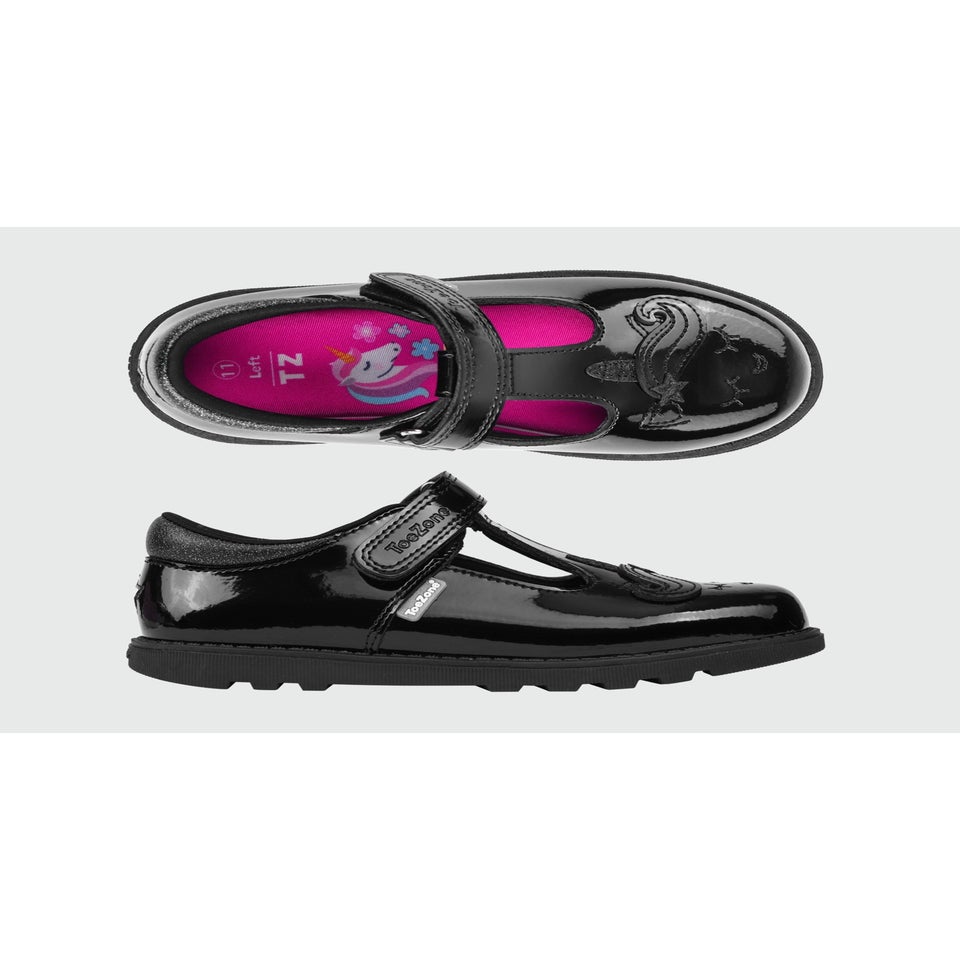 ToeZone Girls Black Lilo Patent Unicorn Rip Tape School Shoes