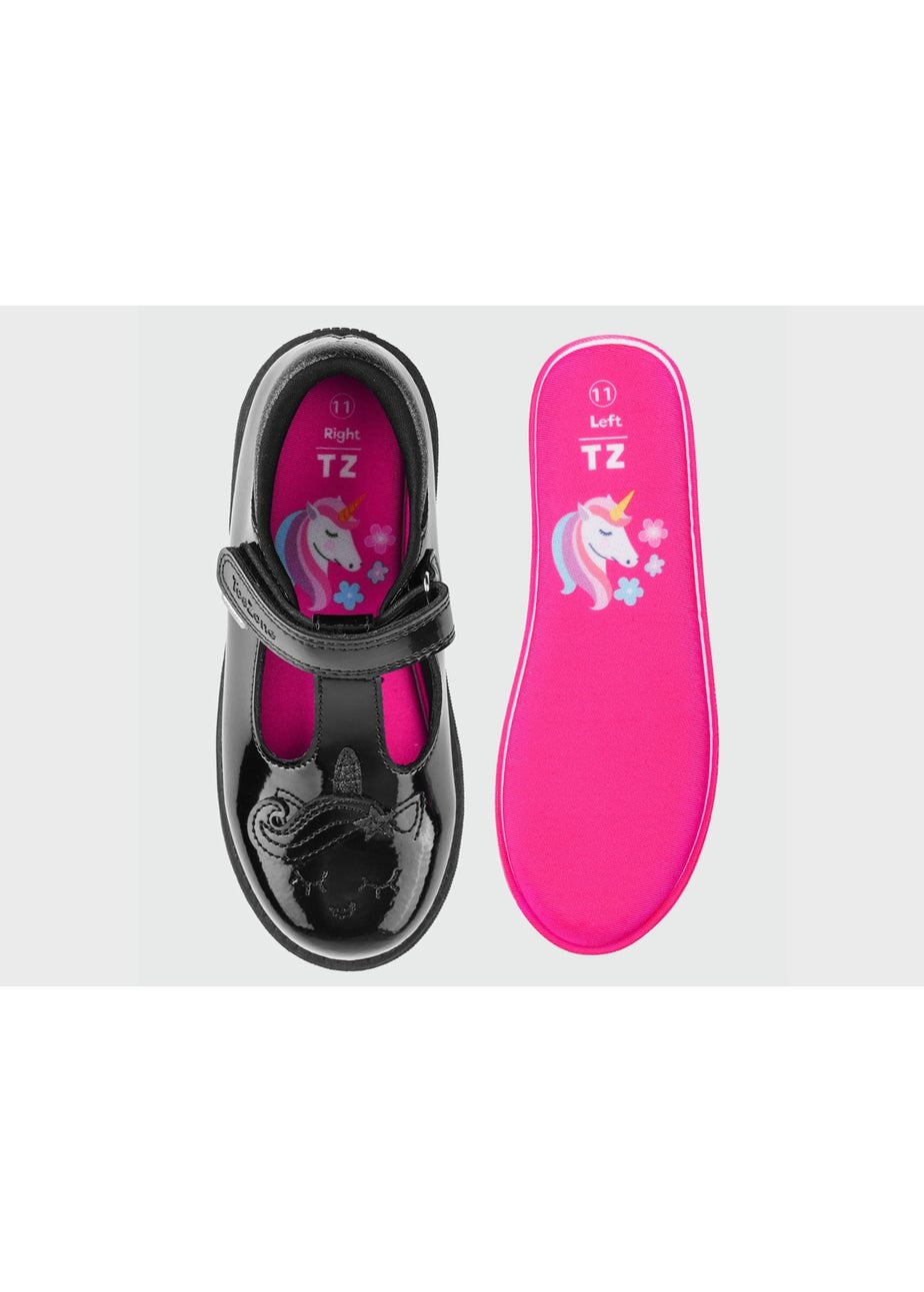 ToeZone Girls Black Lilo Patent Unicorn Rip Tape School Shoes