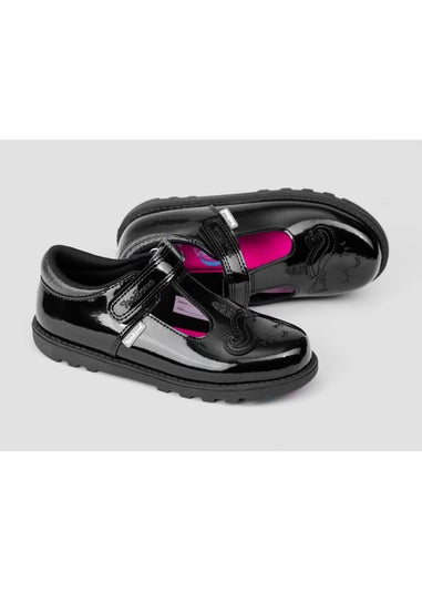 ToeZone Girls Black Lilo Patent Unicorn Rip Tape School Shoes