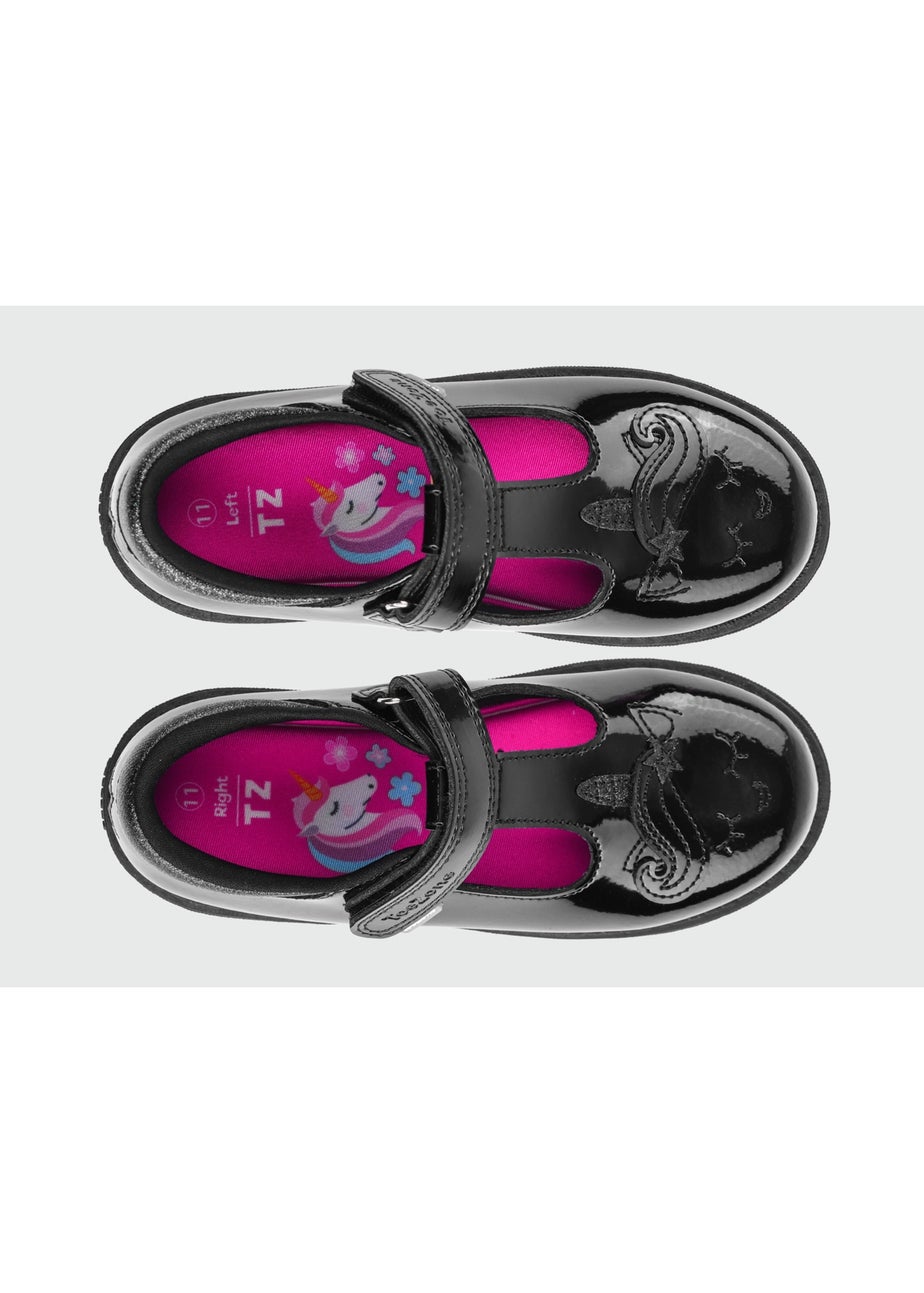 ToeZone Girls Black Lilo Patent Unicorn Rip Tape School Shoes