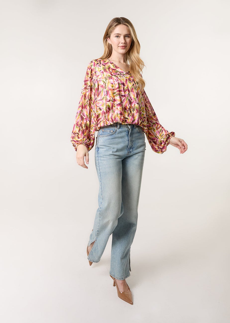 Blue Vanilla Multi Printed V Neck Puffball Top