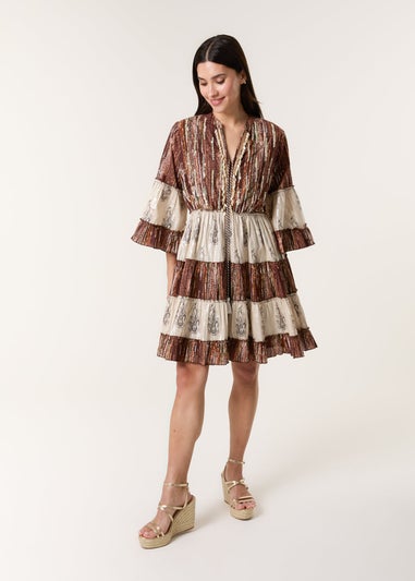 Blue Vanilla Brown Beaded Smock Mini Dress