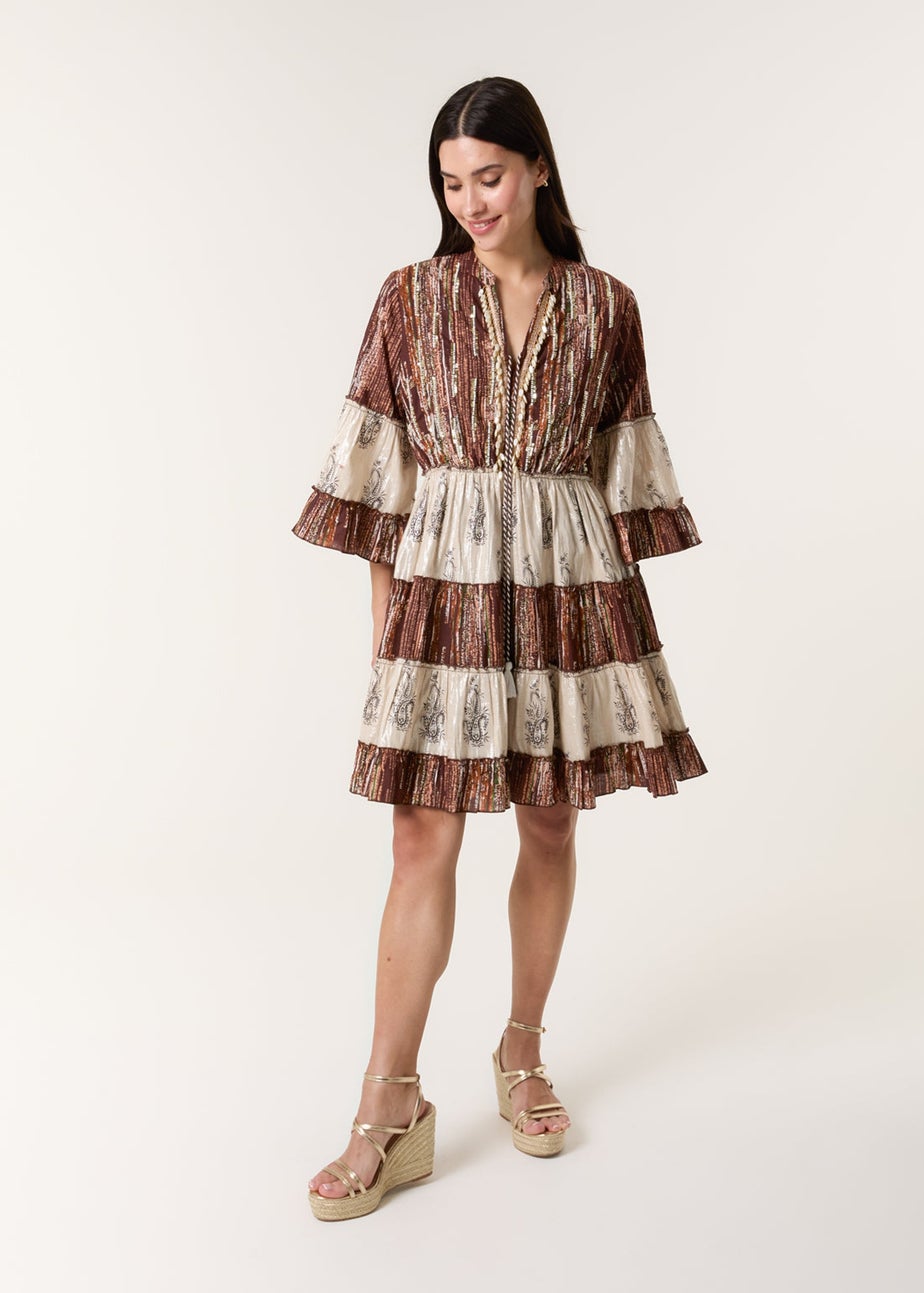 Blue Vanilla Brown Beaded Smock Mini Dress