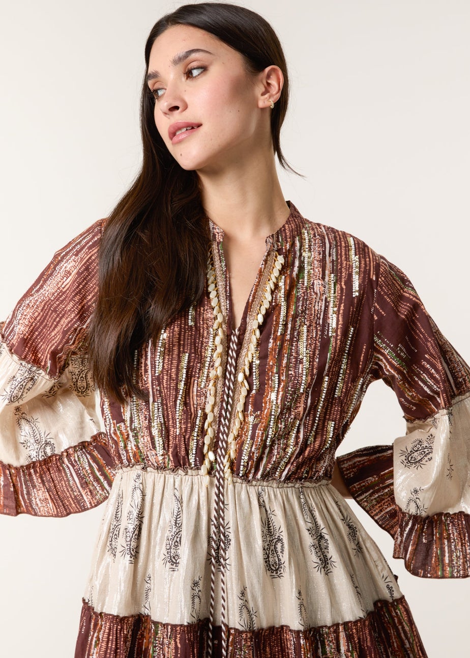 Blue Vanilla Brown Beaded Smock Mini Dress