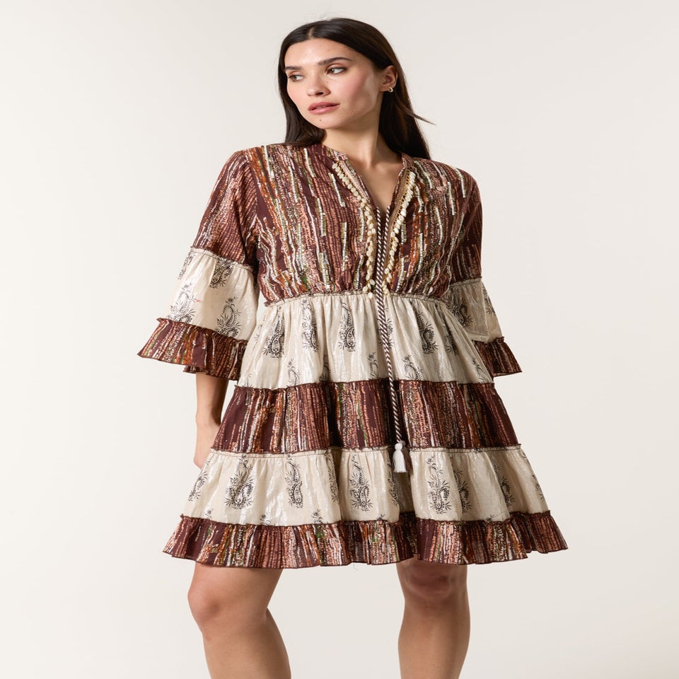 Blue Vanilla Brown Beaded Smock Mini Dress