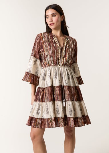 Blue Vanilla Brown Beaded Smock Mini Dress