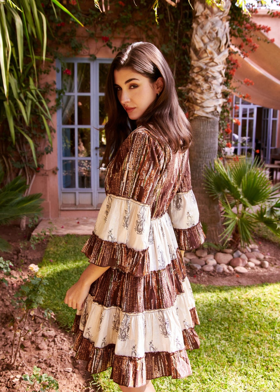 Blue Vanilla Brown Beaded Smock Mini Dress