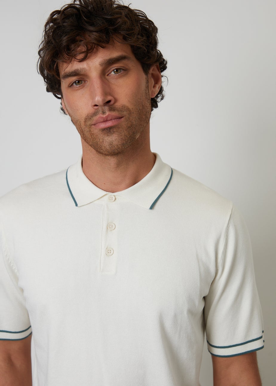 Threadbare Ecru Knitted Short Sleeve Polo Shirt