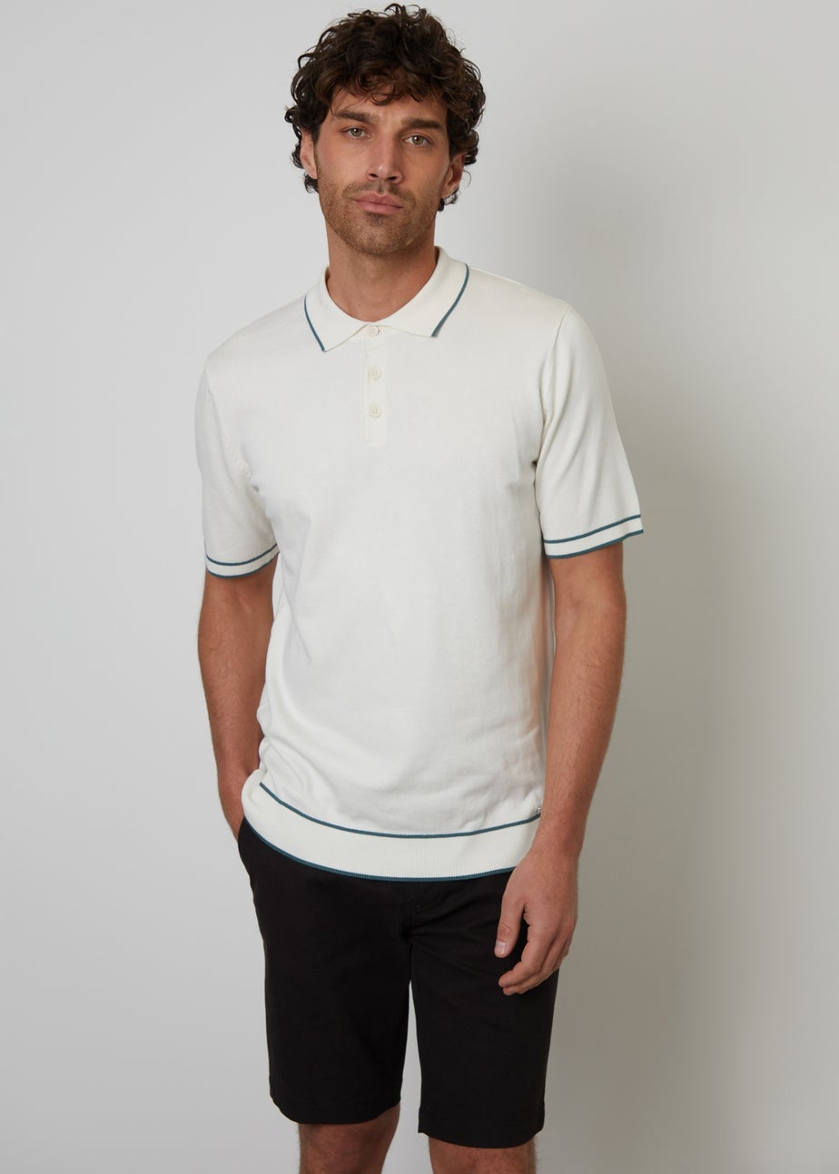 Threadbare Ecru Knitted Short Sleeve Polo Shirt