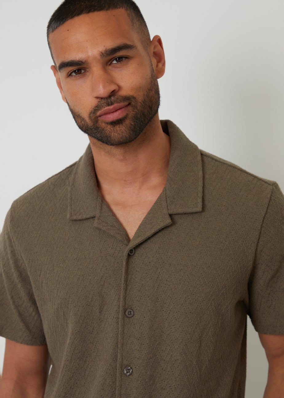 Threadbare Khaki Relaxed Fit Textured Revere Collar Shirt