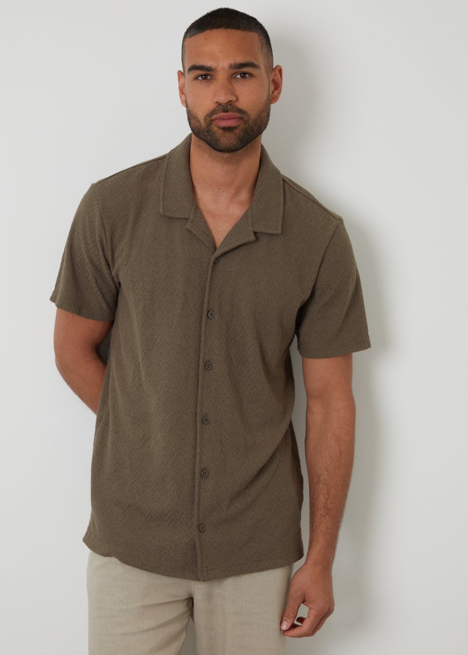 Threadbare Khaki Relaxed Fit Textured Revere Collar Shirt
