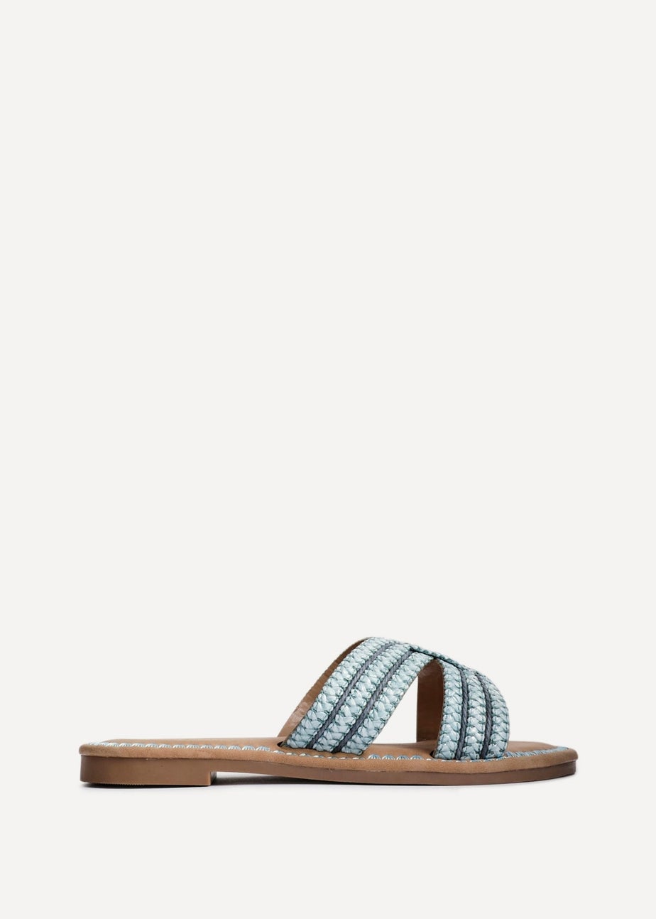 Linzi Solar Blue Raffia Link Design Flat Slider Sandal